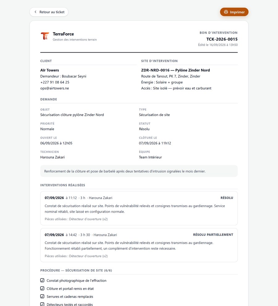 TerraForce work order with the procedure ticked and two signature boxes.